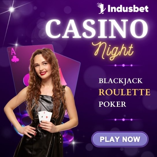 Casino night scene featuring poker and roulette games with a vibrant atmosphere.